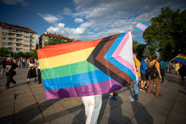 the sofia pride event in support of lgbt rights lesbian, gay, transgender and bisexual - gay pride flag fotos imagens e fotografias de stock