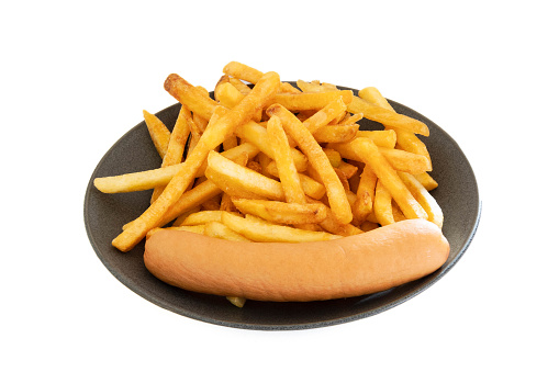 Hot dogs and french fries, isolated on white.