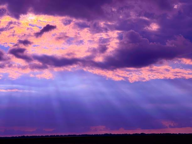 istock Purple sky clouds in sunset. Dramatic sky with flaming cloudscape.  Sunbeams shine through storm clouds. 1403781399