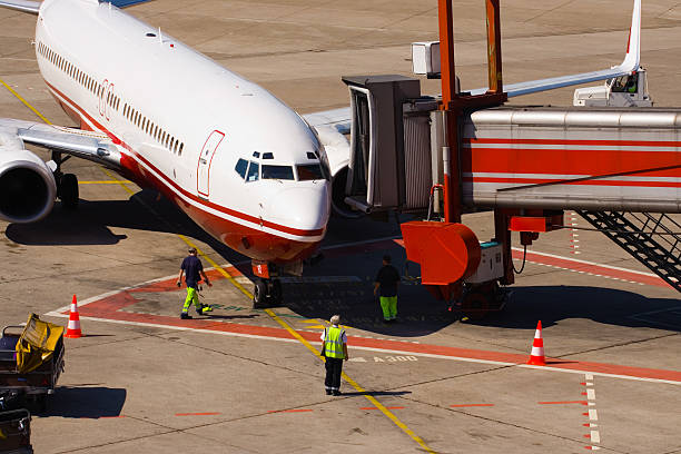 Airplane arrival stock photo