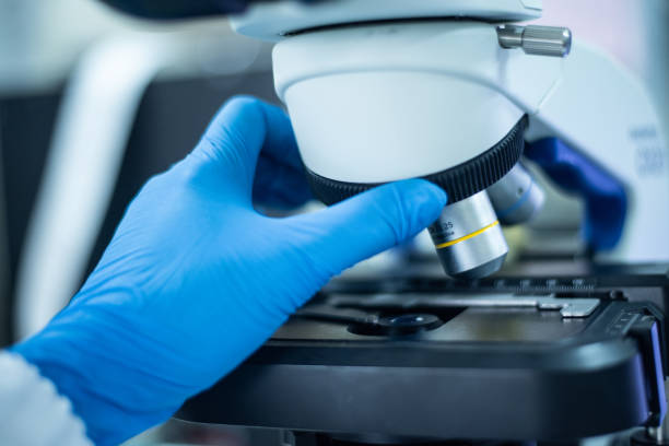 istock Hand scientist in blue glove. 1403782180