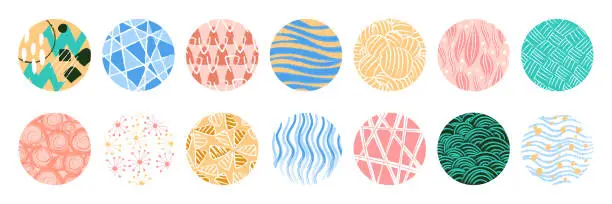 Vector illustration of Abstract circles. Old discs with texture of hand drawn doodles. Line ornaments. Scrapbook patterned shapes. Paint brush strokes. Social media icons collection. Vector round figures set