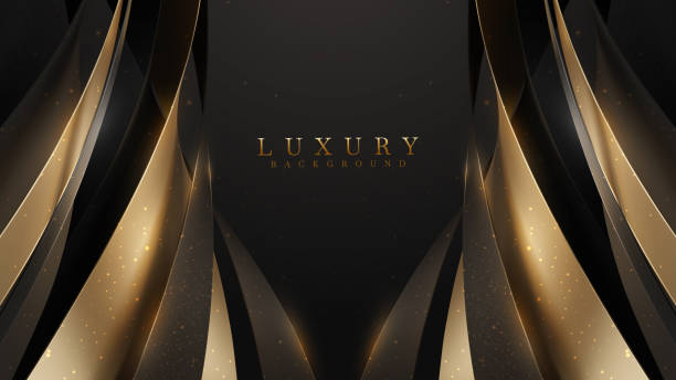 istock Black luxury background with golden curve elements and glitter light effect decoration. 1403783491