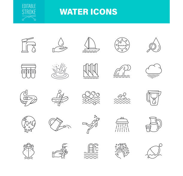 Water Icons Editable Stroke. Contains such icons as Sea Waves, Water Well, Tsunami, Aqua Resources Water Line Icon Set. Editable stroke. Set contains such icons as Water, Sewage Treatment Plant, Sewage, Industry, Water Pump water filter stock illustrations