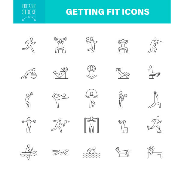 Getting Fit Icons Editable Stroke. The set contains icons as Fitness, Bodybuilding, Swimming, Workout, Running, Diet Sport people line icons. Vector illustration - exercise, yoga, active man, treadmill, fitness, aerobic. Editable Stroke aerobics stock illustrations