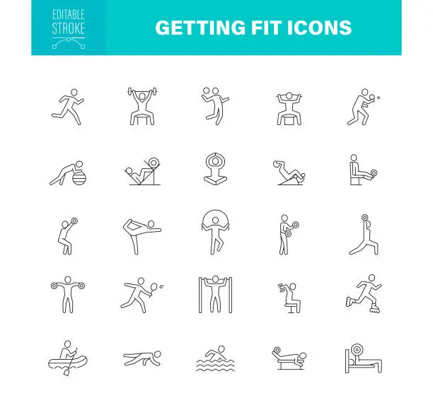 Vector illustration of Getting Fit Icons Editable Stroke. The set contains icons as Fitness, Bodybuilding, Swimming, Workout, Running, Diet