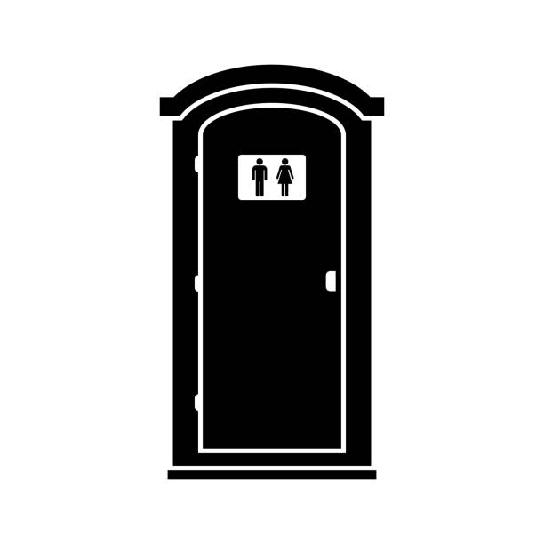 Mobile portable plastic toilet icon used in public places isolated on white background. Chemical bio toilet cabin icon. Restroom WC lavatory stall. Public convenience facilities. Vector illustration Mobile portable plastic toilet icon used in public places isolated on white background. Chemical bio toilet cabin icon. Restroom WC lavatory stall. Public convenience facilities. Vector illustration. Outhouse stock illustrations