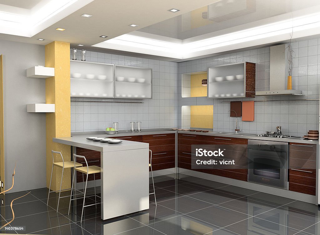 modern kitchen interior the modern kitchen interior design (3D rendering) Apartment Stock Photo