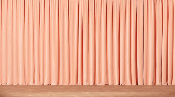 Theater stage with pink velvet curtains. 3d illustration stock photo