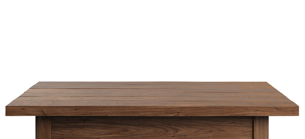 Walnut tree table on a white background. Isolated, clipping path included. 3d illustration