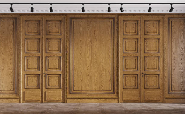 istock Classic luxury empty room with oak paneling. Premium cabinet. 3d illustration 1403788140
