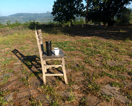 Coffee time with old chair at a farm