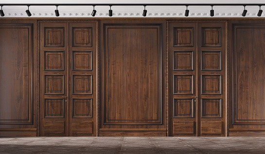 Habitación vacía clásica con madera de nogal. Gabinete Premium. Ilustración 3D photo