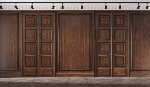sala vazia clássica com madeira de nozes. armário premium. ilustração 3d - wooden doors - fotografias e filmes do acervo