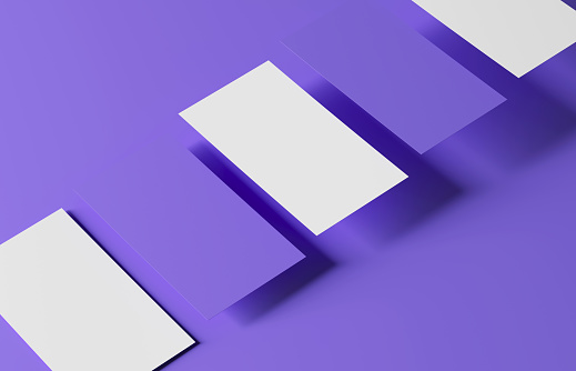 Blank credit card mockup floating over a purple background in realistic 3D rendering. Colour 2022