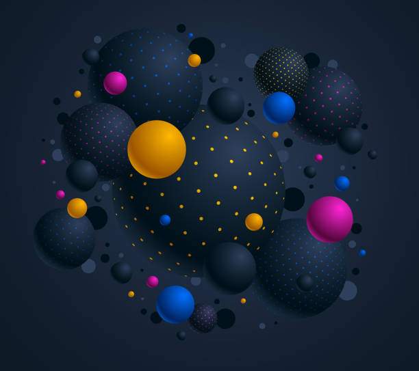 ilustrações de stock, clip art, desenhos animados e ícones de abstract black and color dotted spheres vector background, composition of flying balls decorated with dots, 3d mixed globes - abstract backgrounds ball close up