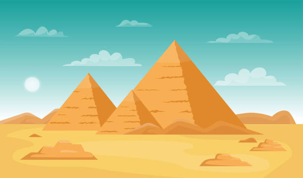 ilustraciones, imágenes clip art, dibujos animados e iconos de stock de desierto de egipto con pirámides. fondo del paisaje africano. ciudad egipcia de giza. tumba de historia antigua. paisaje de arena. hito de la arquitectura. edificios antiguos. concepto de panorama escénico de dibujos animados vectoriales - egypt