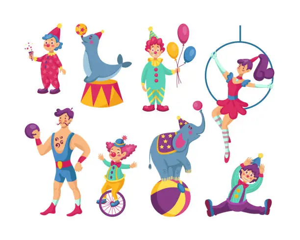 Vector illustration of Retro circus. Carnival clown. Cute magicians and jesters performance. Elephant and seal trainer. Juggling athlete. Strongman or midget on unicycle. Vector isolated festival artists set