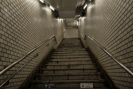 An old staircase at Kasumigaseki Station on the Tokyo subway