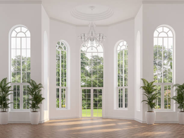 モダンで豪華なクラシックスタイルの空の白い部屋、自然ビュー3dレンダリング - arched window ストックフォトと画像