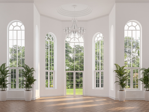 Modern luxury classical style empty white room with nature view 3d render