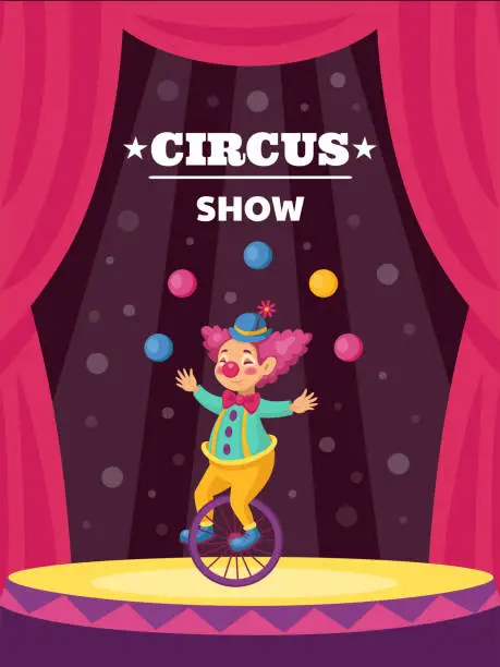 Vector illustration of Clown poster. Carnival show with magician. Happy amusement. Jester juggling on stage. Buffoon on unicycle. Traditional fairground. Performance announcement. Vector cirque invitation