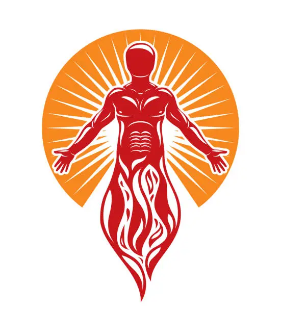 Vector illustration of Vector graphic illustration of muscular human, self. The sun God fiery Ra, mystic ancient god metaphor.