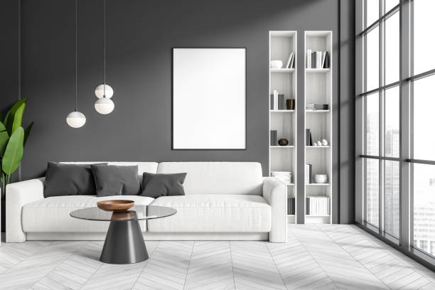 istock Front view on dark living room interior with empty poster 1403791920