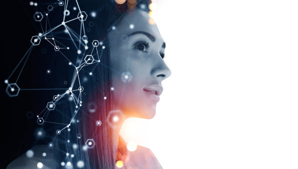 istock Businesswoman dreaming profile, connection lines, digital networ 1403792038