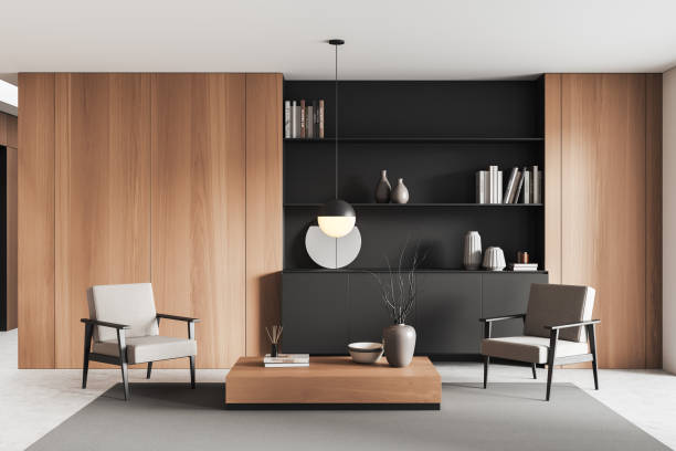 istock Front view on bright living room interior with two armchairs 1403792054