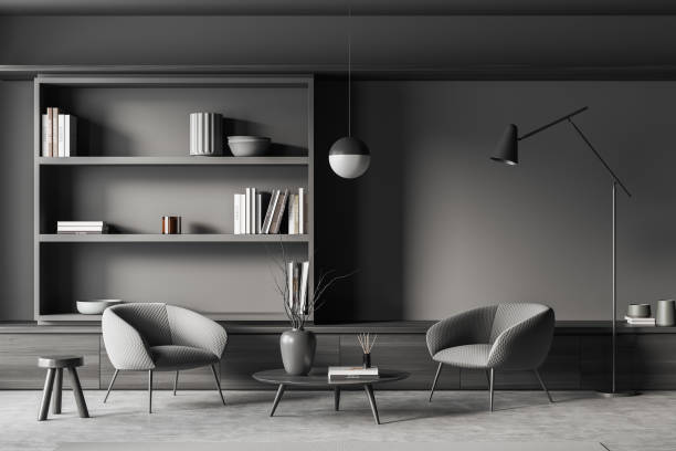 istock Living room interior with two chairs, drawer and decoration on shelf 1403792104