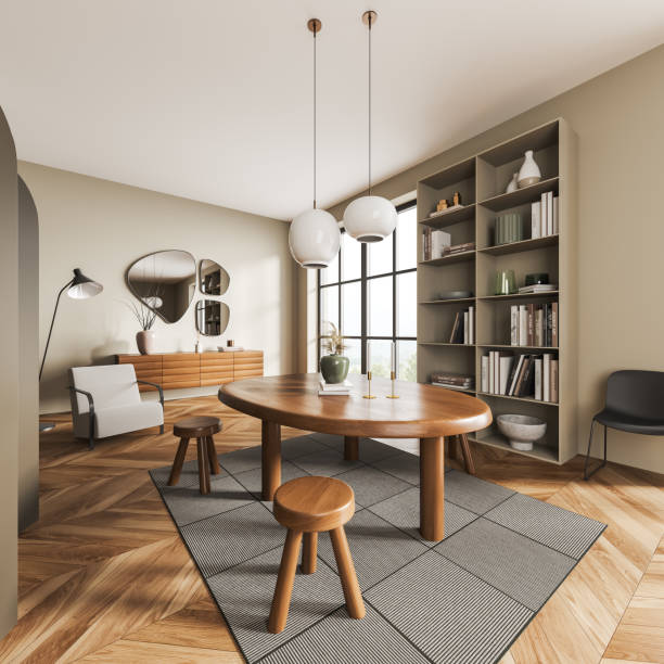 istock Living room interior with seats and shelf with decoration, panoramic window 1403792124