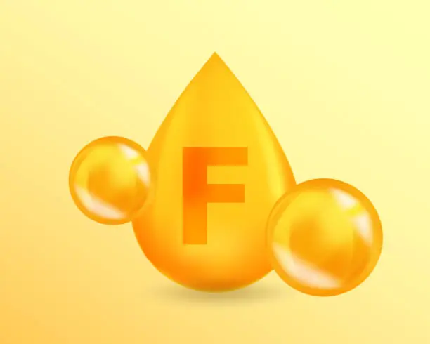 Vector illustration of Vitamin F Essential fatty acid. Realistic Vitamin drop F Essential fatty acid design. 3D Vitamin complex illustration concept.
