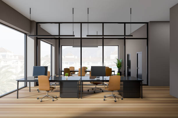 istock Office interior with pc computer and armchair, panoramic window on countryside 1403792391