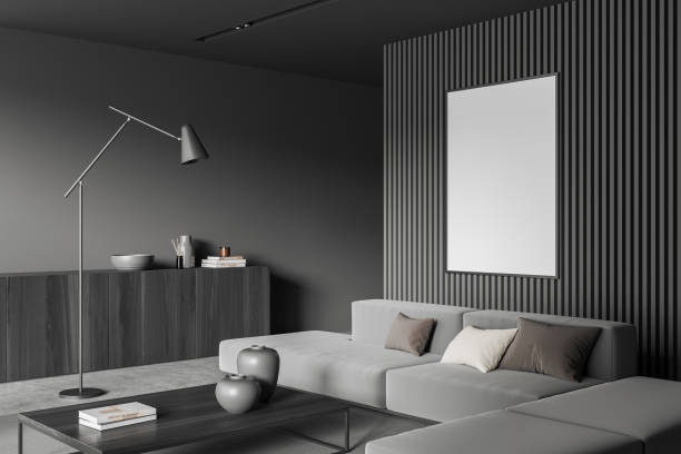istock Lounge zone interior with couch and coffee table, drawer and mockup frame 1403793268