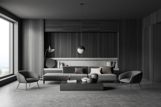istock Lounge room interior with couch and decoration, panoramic window 1403793276