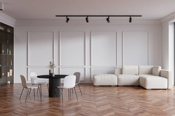 istock Light chill zone interior with couch and seats, table and shelf 1403793332