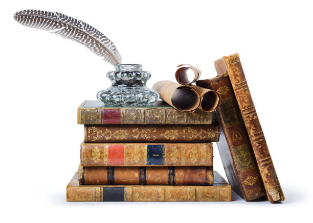 istock Antique books, inkwell with quill pen and old scrolls on white background 1403793409