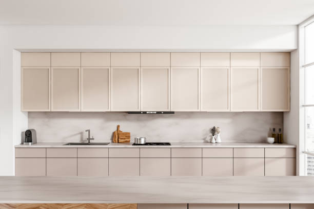 istock Light cooking interior with countertop, shelves and appliances, window 1403793423
