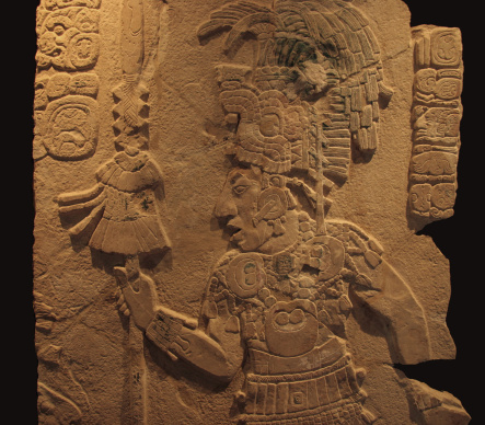 Maya bas-relief exhibited in Palenque Museum, representing king Kan Balam II, Hanab Pakal's II sun, with his headpiece shaped as a jaguar and his lance.