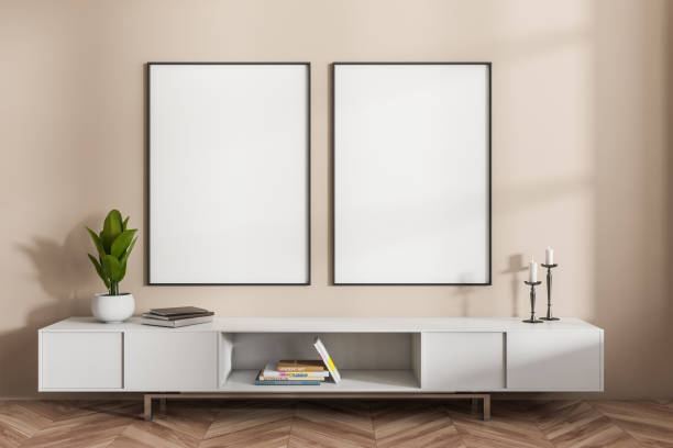 istock Gallery interior with dresser and decoration, mockup frames 1403793548