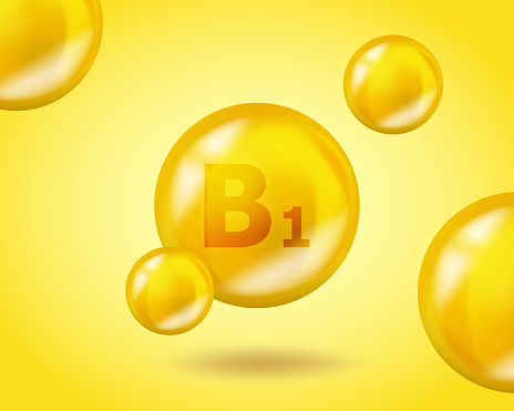 3D Vitamin drop B1 Thiamine pill capsule. Realistic B1 Thiamine Vitamin complex design illustration concept. Yellow drug nutrition design for beauty, cosmetic, heath advertising.