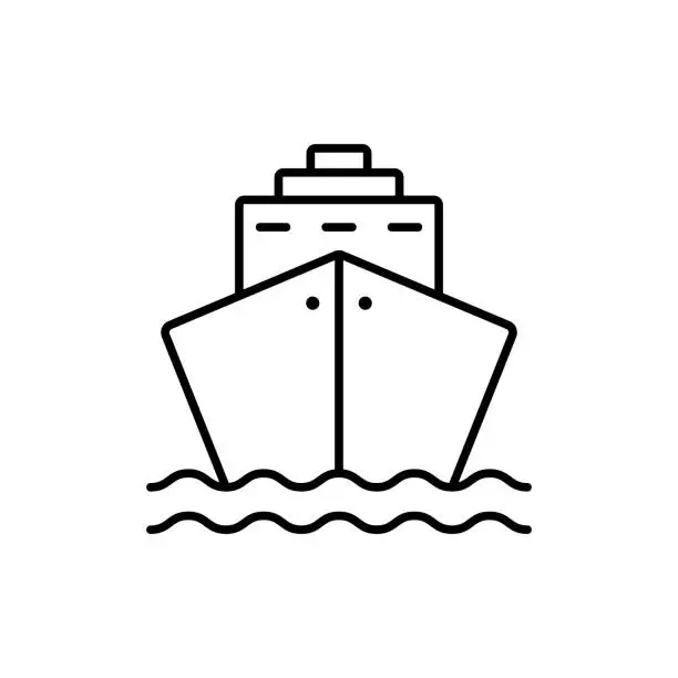 Vector illustration of Black Cruise Ship Line Icon. Ocean Vessel Icon in Front View Linear Pictogram. Cargo Boat Outline Icon. Marine Sign for Freight, Passenger Travel. Editable Stroke. Isolated Vector Illustration