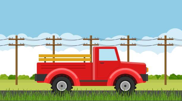 ilustrações, clipart, desenhos animados e ícones de picape dirigindo em um campo durante a temporada de verão. veículos agrícolas retrô para transporte e transporte de produção. carro, estrada rural e postes elétricos. ilustração vetorial - truck semi truck pick up truck car transporter