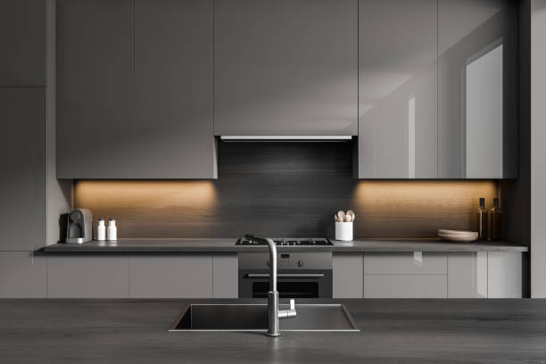istock Grey cooking interior with countertop, sink and shelves 1403794670