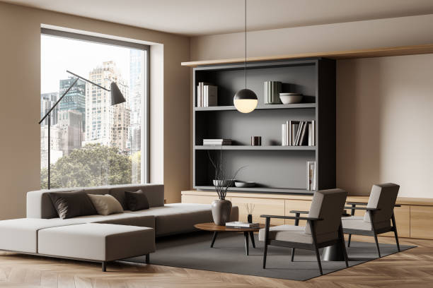 istock Living room interior with couch and chairs, panoramic window and decoration 1403794748