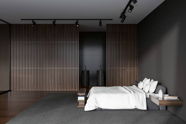 istock Grey bedroom interior with bed, sink and nightstand 1403794887
