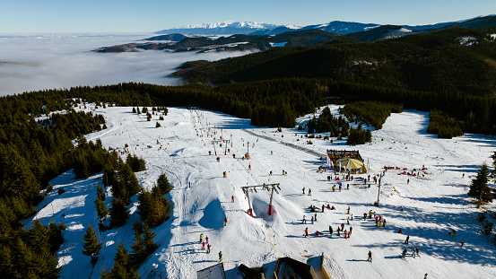 Aerial Mavic 3 drone footage of a ski resort in Transylvania