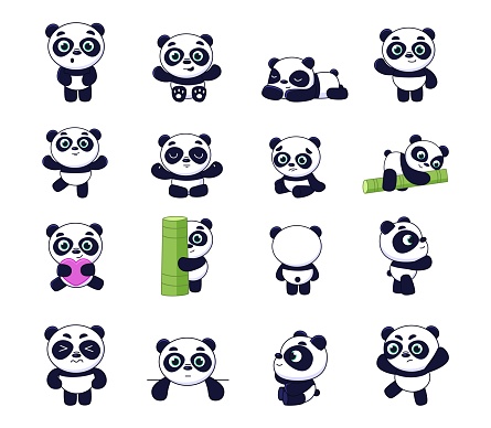 Cute panda. Poses of baby Chinese bear. Cartoon Asian adorable mammal sleeps on bamboo wood or hugs heart. Emotions and actions. Stickers of funny animal kid characters. Vector teddies positions set