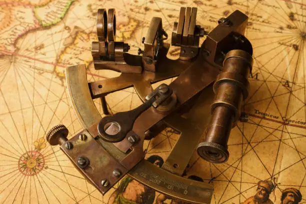 Vintage sextant on old map. Old style background
